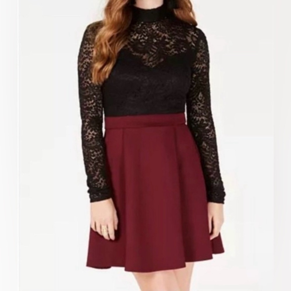 B Darlin Black and Burgundy Long Sleeve Dress
